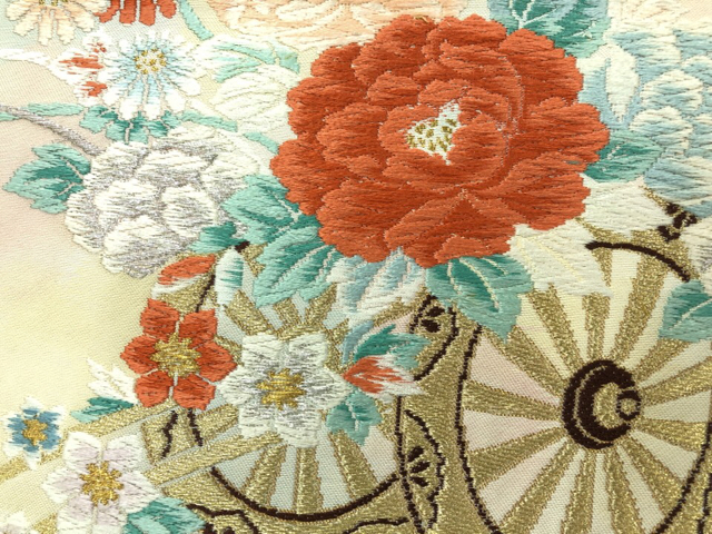 JAPANESE KIMONO / ANTIQUE NAGOYA OBI / WOVEN FLOWER CART
